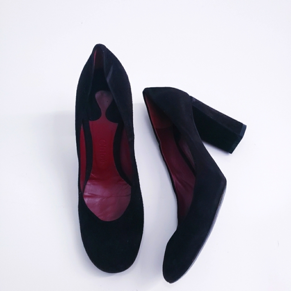 Chloe Chunky Block Round Toe Suede Heels